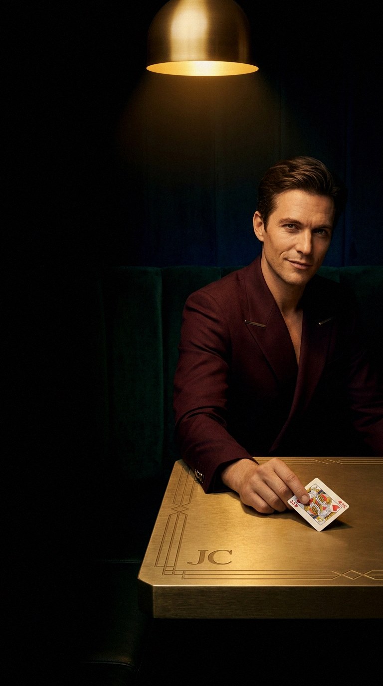 Player at gaming table with cards and chips